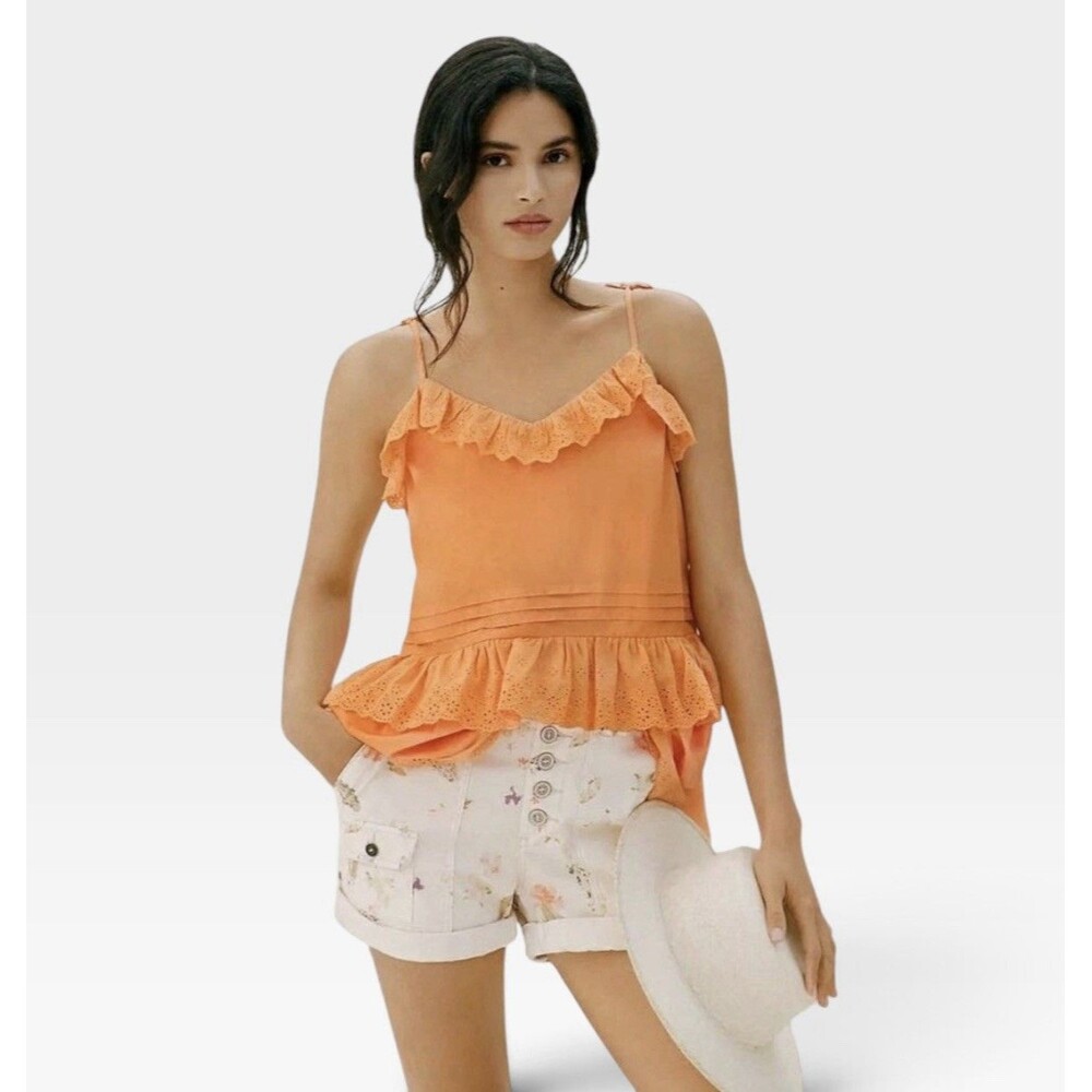 NWT ANTHROPOLOGIE MARE MARE Josephine Ruffle Eyelet Lace Top Orange Size M $148